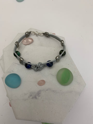 7 1/2" Grey Leather, African Turquoise and Blue Lapis Gemstones Bracelet with  Magnetic Clasp