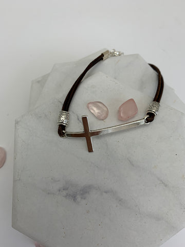 9.5" Leather Bracelet with Cross and Magnetic Clasp