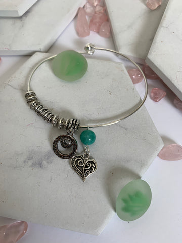 Bangle Bracelet with Silver Beads, Heart Textured Hoop and Aventurine Charms